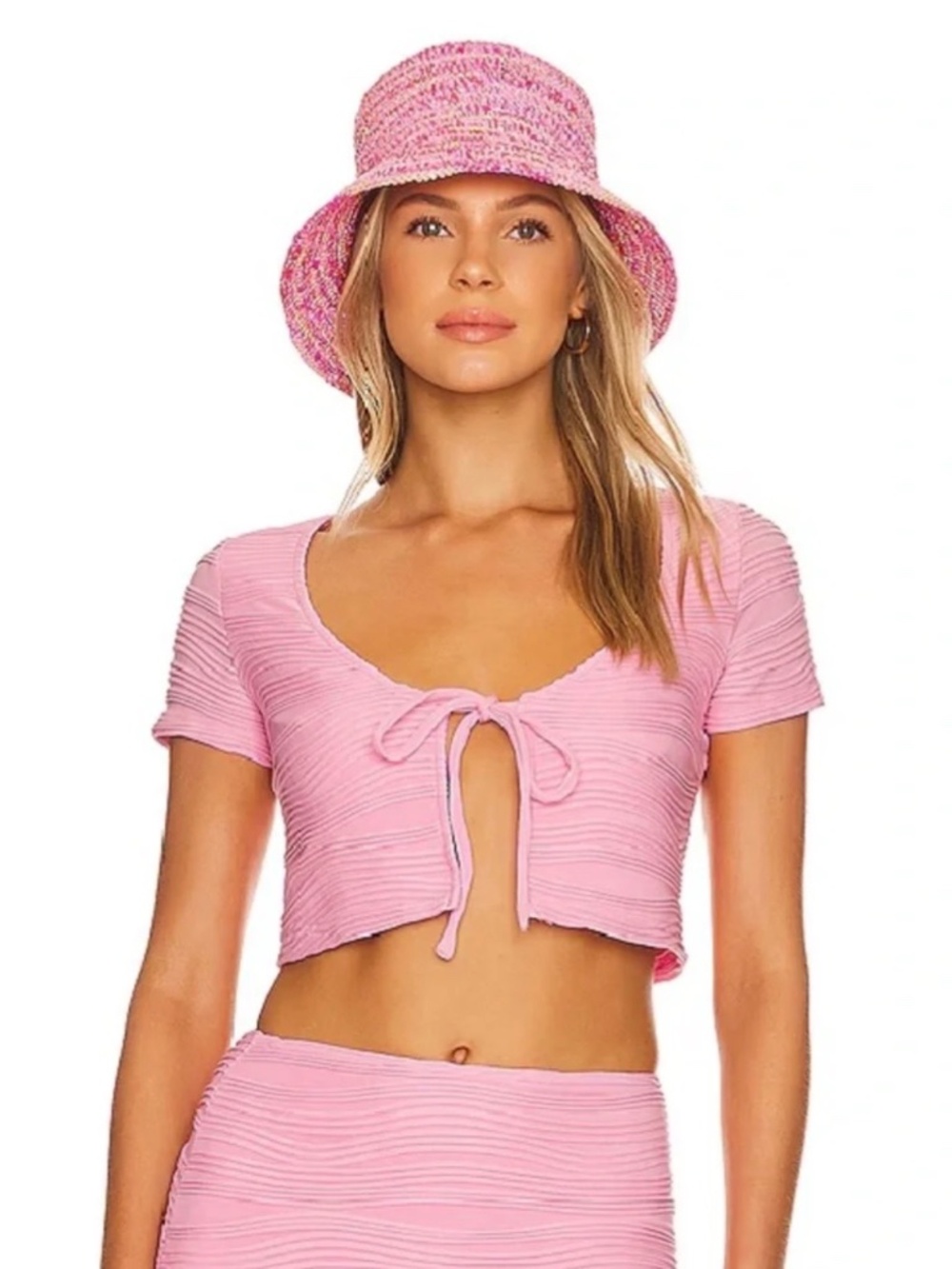 Superdown Open Front Tie Ribbed Textured Short Sleeve Crop Top Pink Womens Small
